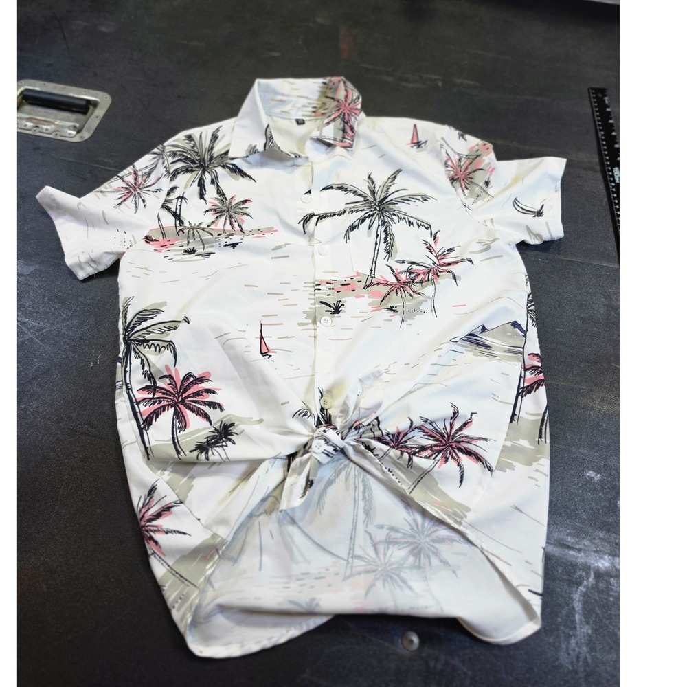 Tropical Palm Tree Print Tie Front Short Sleeve Button Up Shirt White Pink XS